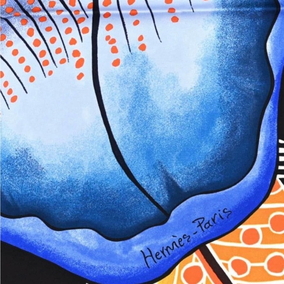 Hermès Silk Baobab Cat Scarf 90 Black Jaune Bleu Authentic - Picture 3 of 4